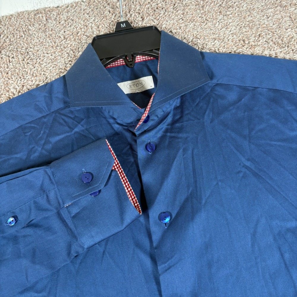 Eton of Sweden Mens Slim Fit Blue Dress Shirt Gingham Trim 16 41 8080 73667 27
